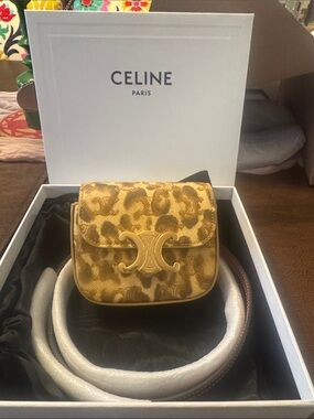 Celine Mini Bag in Yellow Leopard Canvas with Gold Triomphe